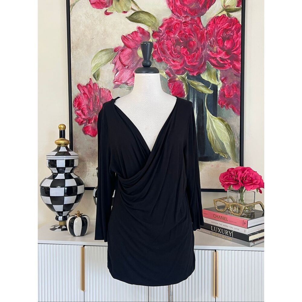 Vince Camuto Women's Faux Wrap Long Sleeve Pullover Tunic Top Black Size XL